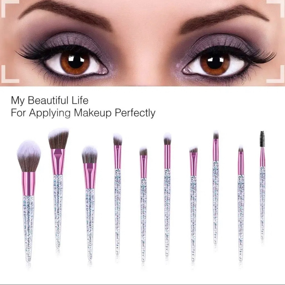 Ten Piece Makeup Brush Set with Glitter Handle Professional Full Coverage - Picture 5 of 11